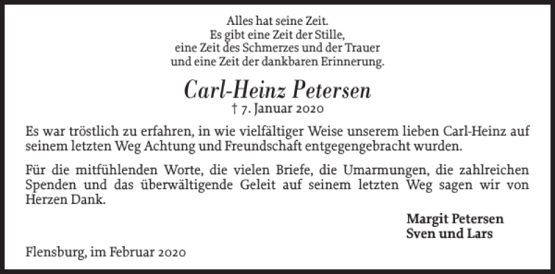  Traueranzeige für Carl-Heinz Petersen vom 01.02.2020 aus Flensburger Tageblatt