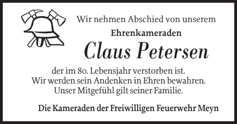  Traueranzeige für Claus Petersen vom 12.02.2020 aus Flensburger Tageblatt
