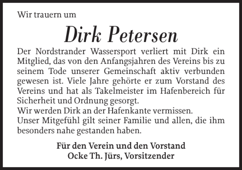 Traueranzeige für Dirk Petersen vom 27.02.2020 aus Husumer Nachrichten