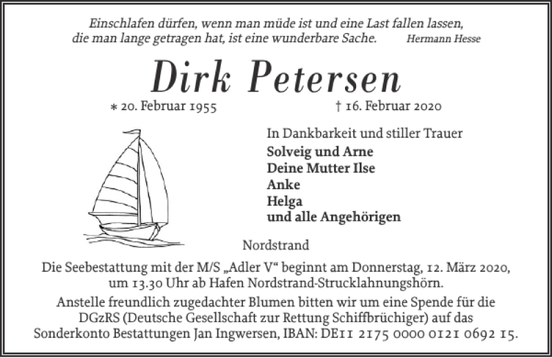  Traueranzeige für Dirk Petersen vom 21.02.2020 aus Husumer Nachrichten