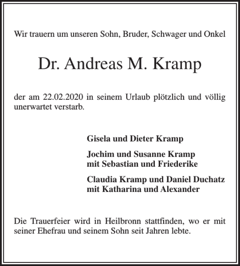  Traueranzeige für Dr. Andreas M. Kramp vom 29.02.2020 aus Pinneberger Tageblatt
