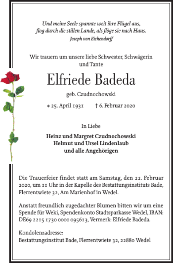 Traueranzeige von Elfriede Badeda von Wedel-Schulauer Tageblatt