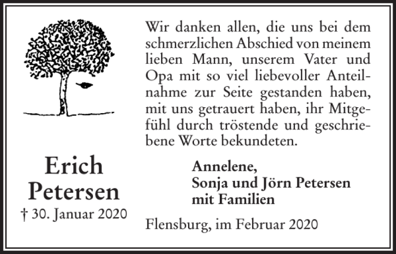  Traueranzeige für Erich Petersen vom 28.02.2020 aus Flensburger Tageblatt