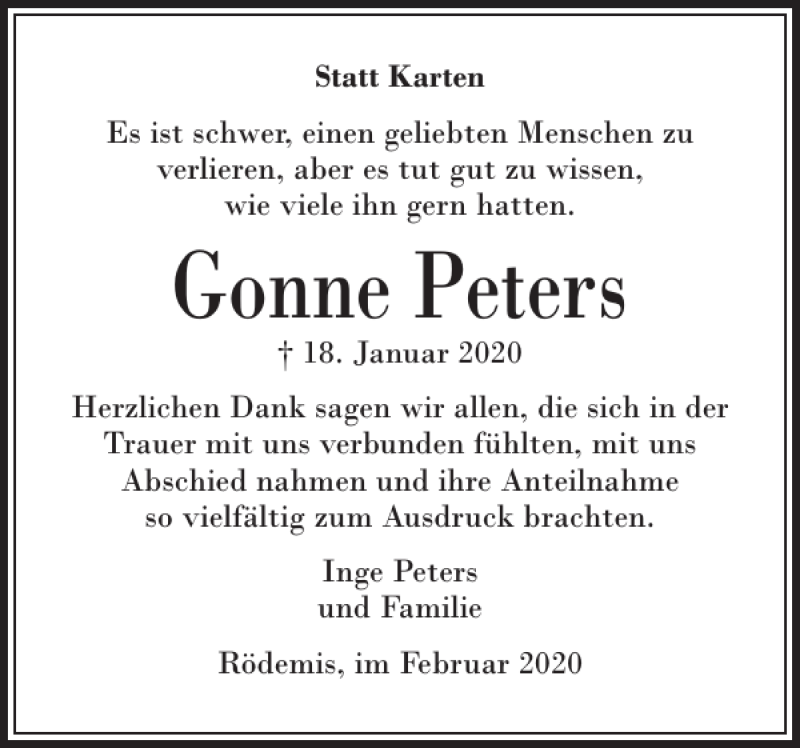  Traueranzeige für Gonne Peters vom 19.02.2020 aus Husumer Nachrichten