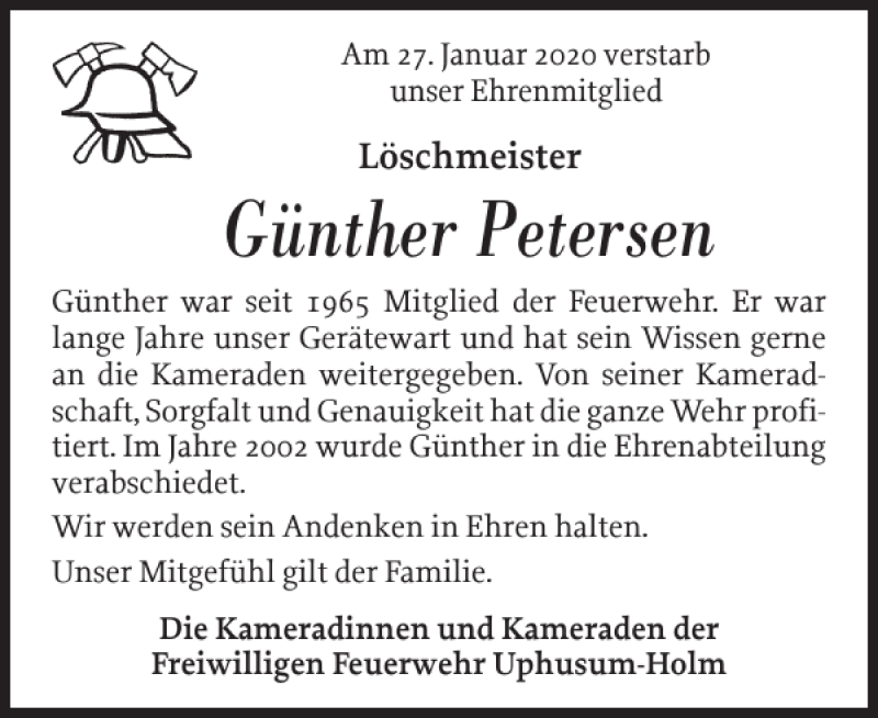  Traueranzeige für Günther Petersen vom 03.02.2020 aus Nordfriesland Tageblatt
