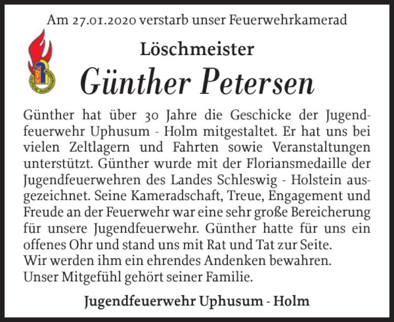  Traueranzeige für Günther Petersen vom 01.02.2020 aus Nordfriesland Tageblatt