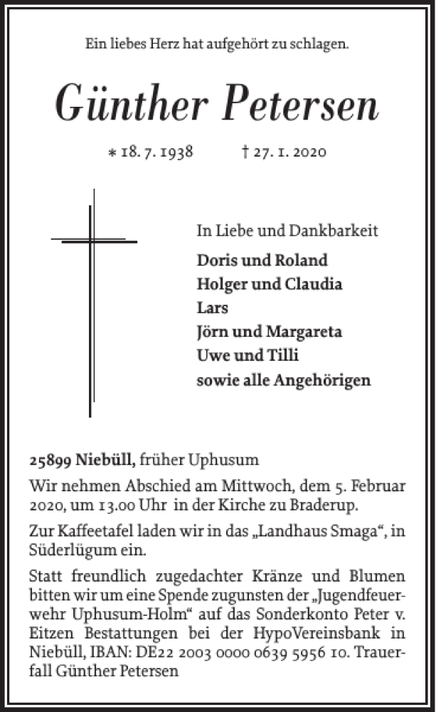  Traueranzeige für Günther Petersen vom 01.02.2020 aus Flensburger Tageblatt
