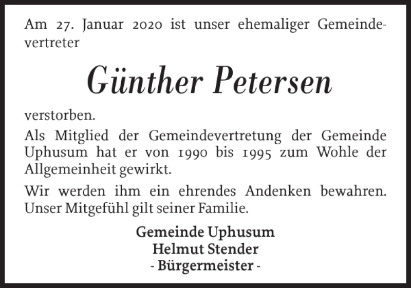  Traueranzeige für Günther Petersen vom 04.02.2020 aus Husumer Nachrichten