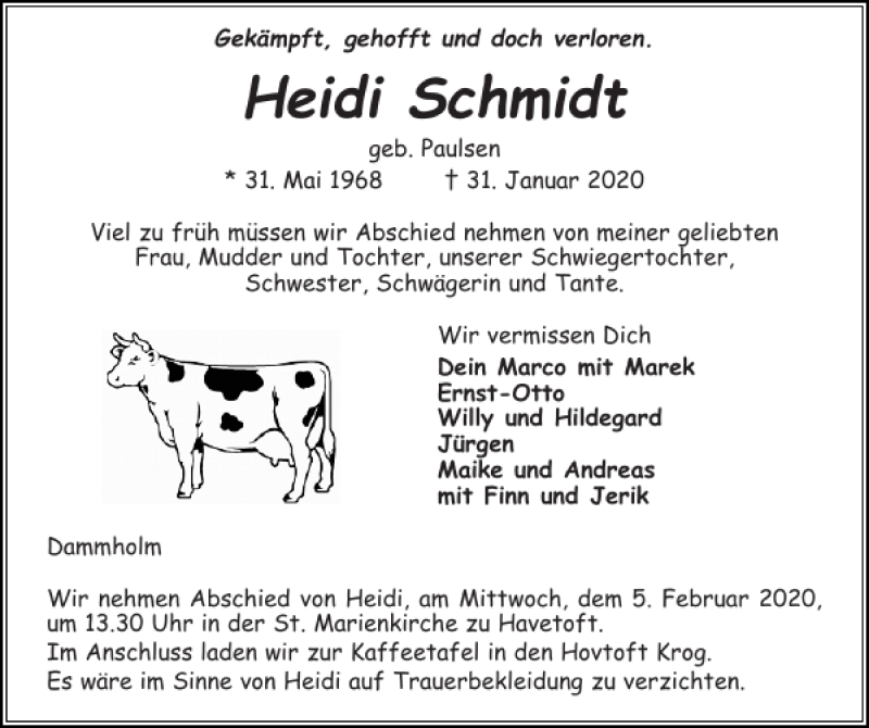  Traueranzeige für Heidi Schmidt vom 03.02.2020 aus Flensburger Tageblatt