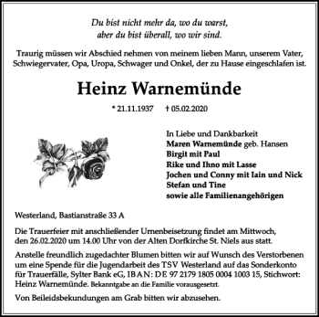 Traueranzeige von Heinz Warnemünde von Sylter Rundschau