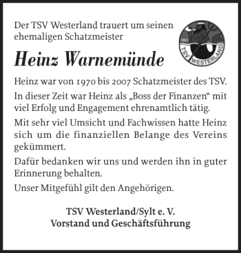Traueranzeige von Heinz Warnemünde von Sylter Rundschau