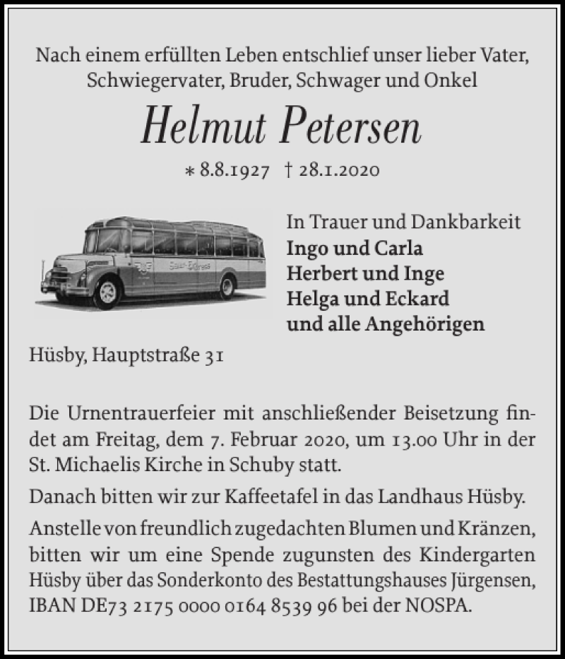  Traueranzeige für Helmut Petersen vom 01.02.2020 aus Schleswiger Nachrichten