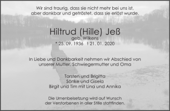 Traueranzeige von Hiltrud Hille Jeß von Stormarner Tageblatt