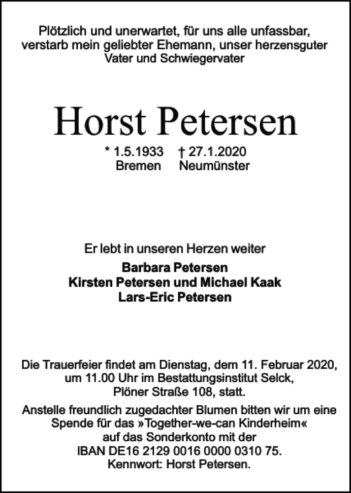  Traueranzeige für Horst Petersen vom 08.02.2020 aus Holsteinischer Courier