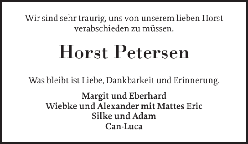  Traueranzeige für Horst Petersen vom 08.02.2020 aus Holsteinischer Courier