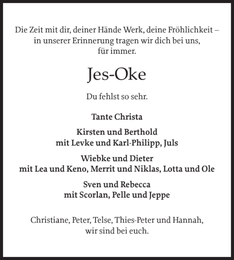  Traueranzeige für Jes-Oke  vom 17.02.2020 aus Flensburger Tageblatt