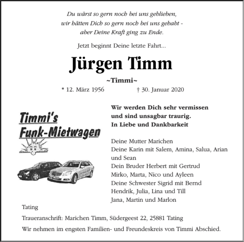  Traueranzeige für Jürgen Timm vom 01.02.2020 aus Husumer Nachrichten