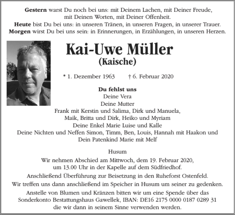  Traueranzeige für Kai-Uwe Müller vom 13.02.2020 aus Husumer Nachrichten
