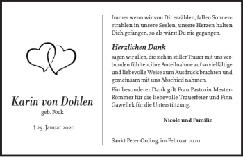 Traueranzeige von Karin von Dohlen von Husumer Nachrichten