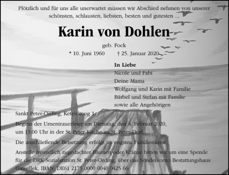  Traueranzeige für Karin von Dohlen vom 01.02.2020 aus Husumer Nachrichten