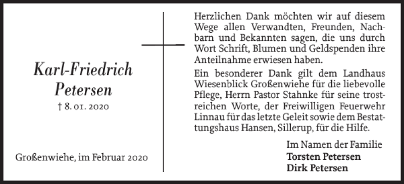  Traueranzeige für Karl-Friedrich Petersen vom 08.02.2020 aus Flensburger Tageblatt