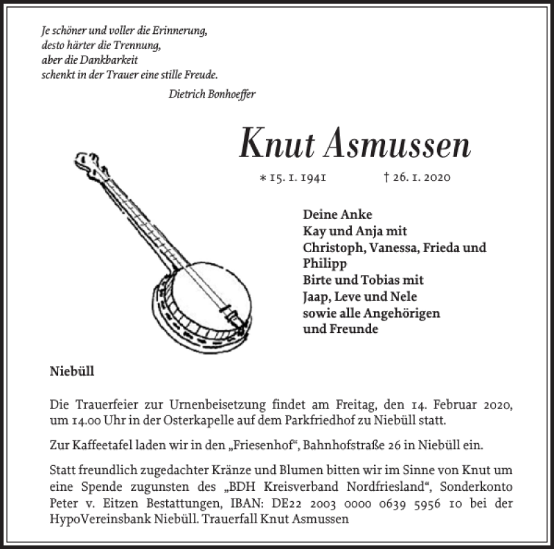  Traueranzeige für Knut Asmussen vom 08.02.2020 aus Nordfriesland Tageblatt