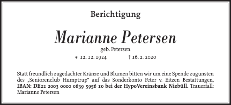  Traueranzeige für Marianne Petersen vom 21.02.2020 aus Nordfriesland Tageblatt
