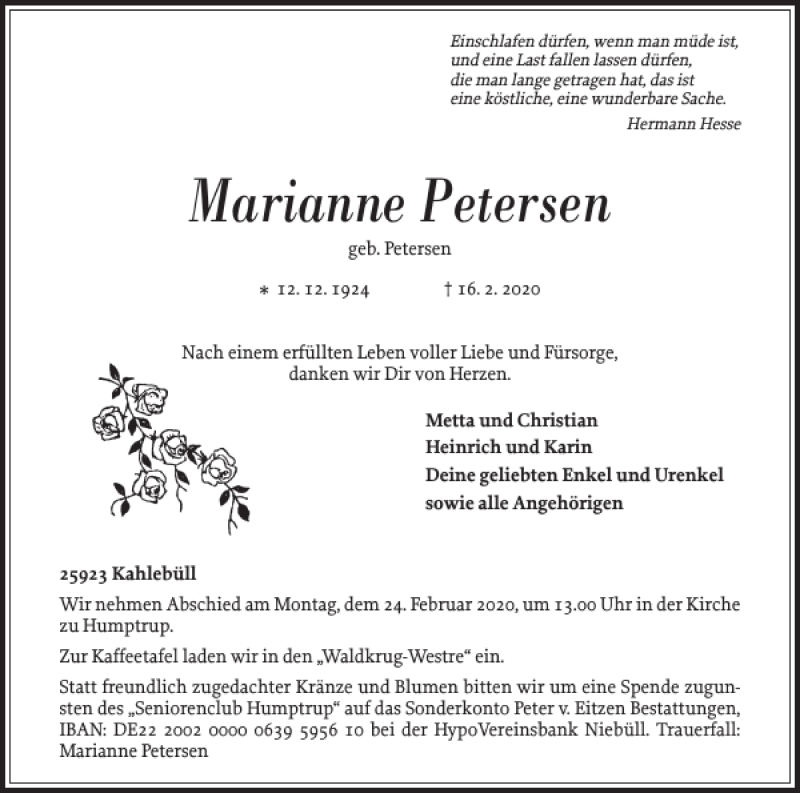  Traueranzeige für Marianne Petersen vom 19.02.2020 aus Nordfriesland Tageblatt
