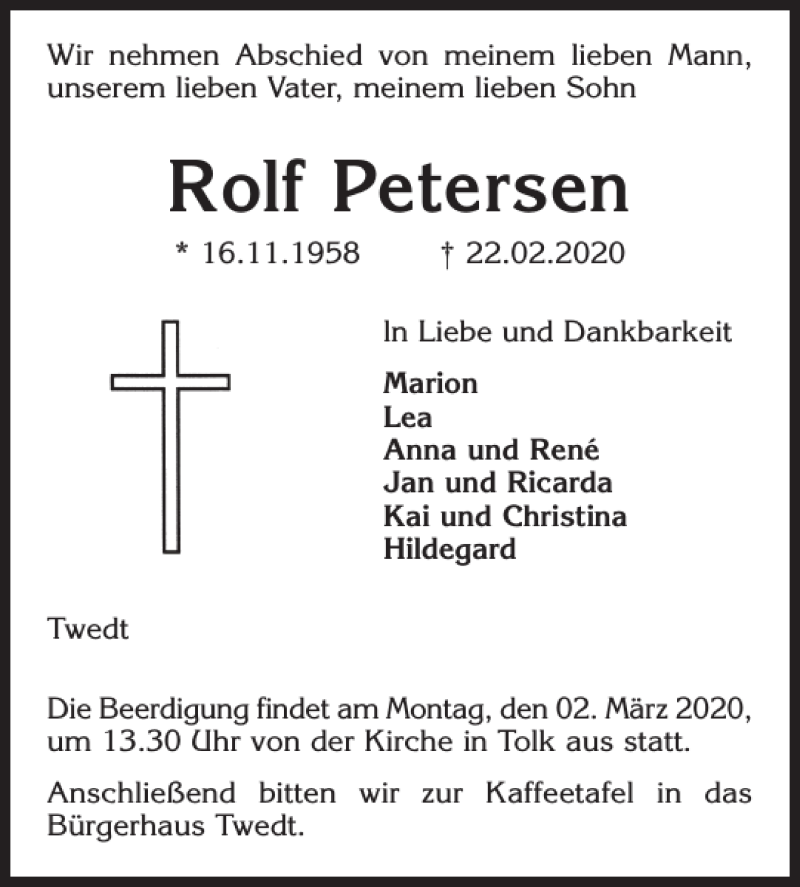  Traueranzeige für Rolf Petersen vom 26.02.2020 aus Flensburger Tageblatt