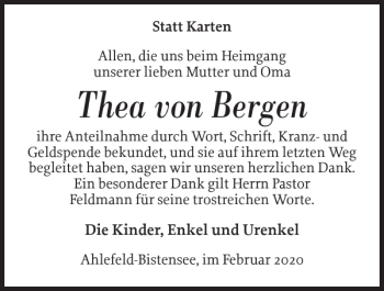 Traueranzeige von Thea von Bergen von Landeszeitung