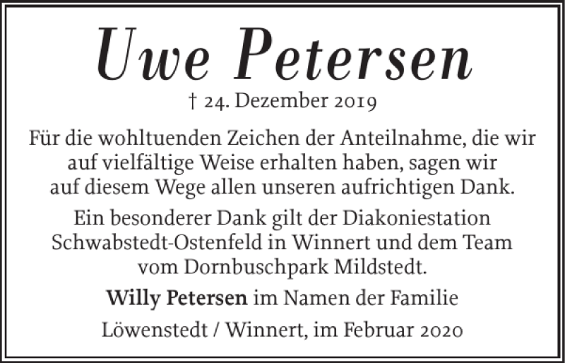  Traueranzeige für Uwe Petersen vom 14.02.2020 aus Husumer Nachrichten