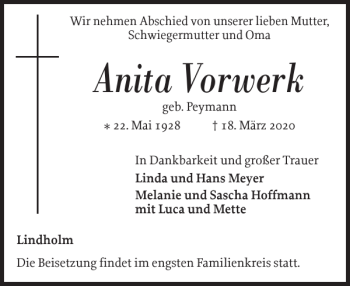 Traueranzeige von Anita Vorwerk von Nordfriesland Tageblatt