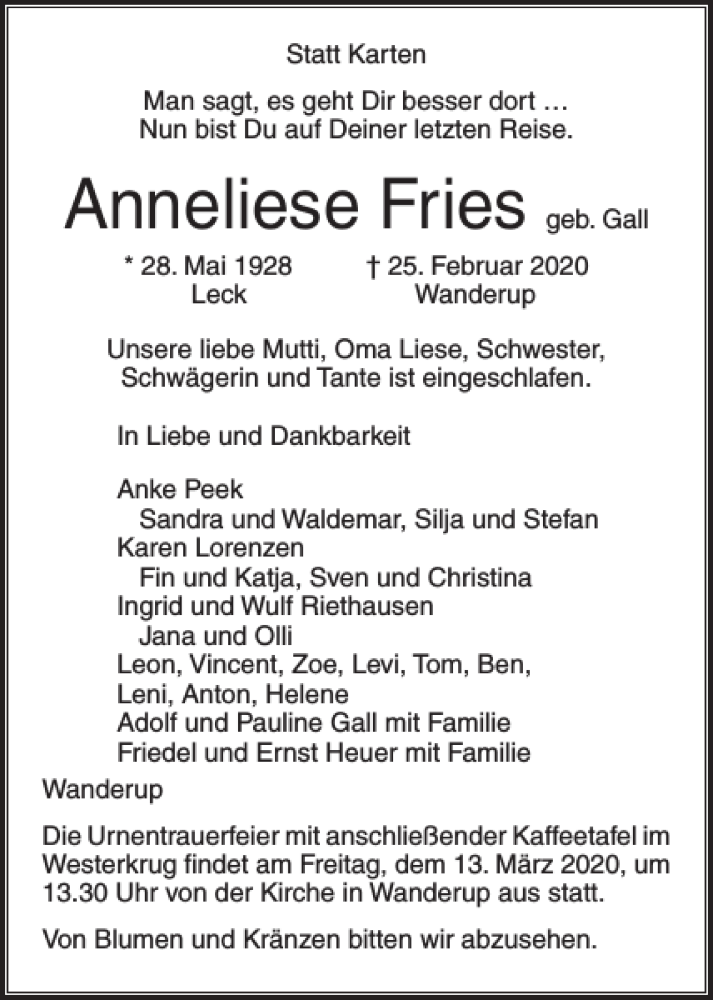  Traueranzeige für Anneliese Fries vom 04.03.2020 aus Flensburger Tageblatt