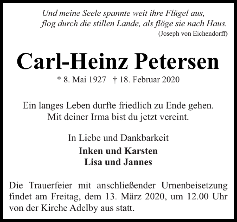  Traueranzeige für Carl-Heinz Petersen vom 07.03.2020 aus Flensburger Tageblatt