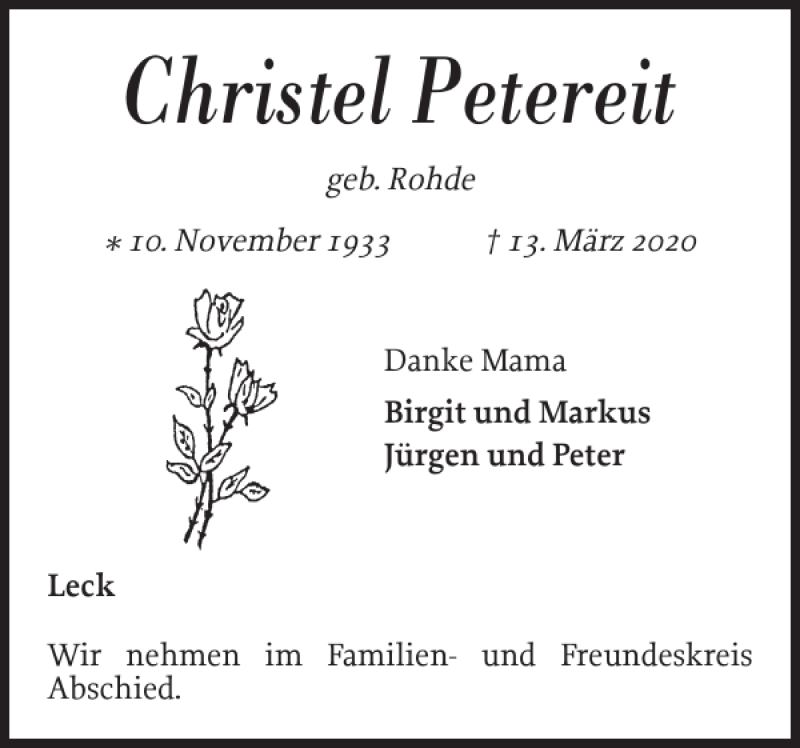  Traueranzeige für Christel Petereit vom 21.03.2020 aus Nordfriesland Tageblatt