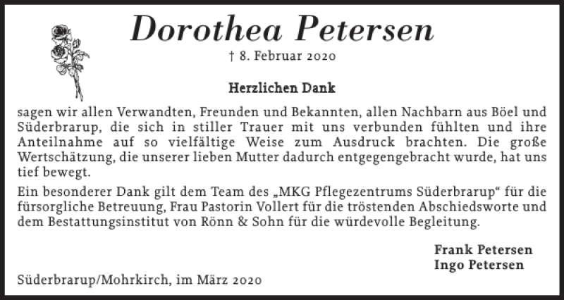  Traueranzeige für Dorothea Petersen vom 07.03.2020 aus Flensburger Tageblatt