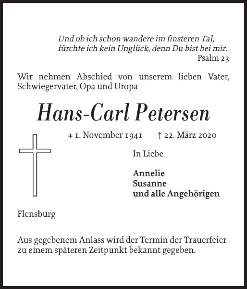  Traueranzeige für Hans-Carl Petersen vom 28.03.2020 aus Flensburger Tageblatt