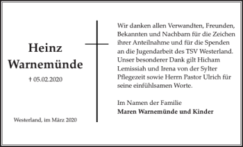 Traueranzeige von Heinz Warnemünde von Sylter Rundschau