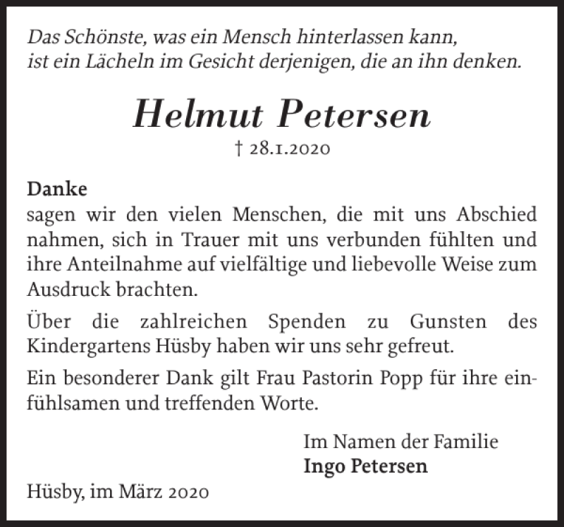  Traueranzeige für Helmut Petersen vom 07.03.2020 aus Schleswiger Nachrichten