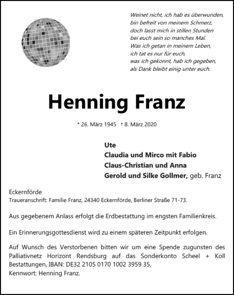  Traueranzeige für Henning Franz vom 14.03.2020 aus Eckernförder Zeitung