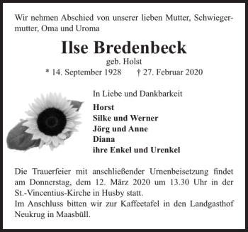 Traueranzeige von Ilse Bredenbeck von Flensburger Tageblatt