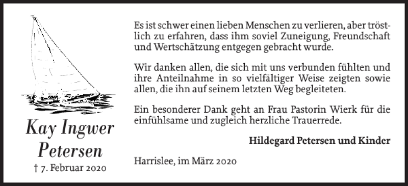  Traueranzeige für Kay Ingwer Petersen vom 11.03.2020 aus Flensburger Tageblatt