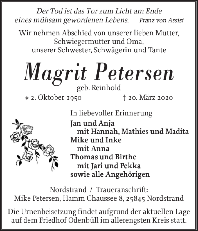  Traueranzeige für Magrit Petersen vom 23.03.2020 aus Husumer Nachrichten