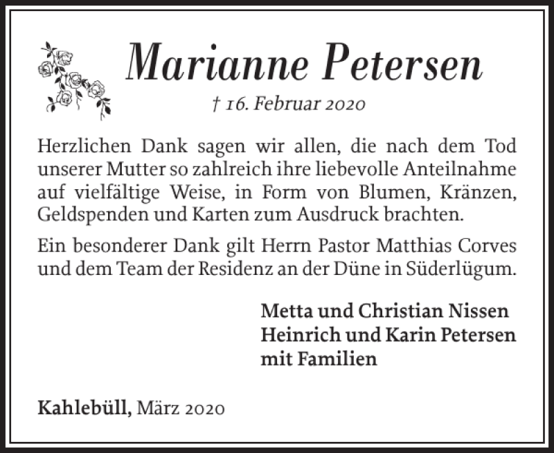  Traueranzeige für Marianne Petersen vom 14.03.2020 aus Nordfriesland Tageblatt