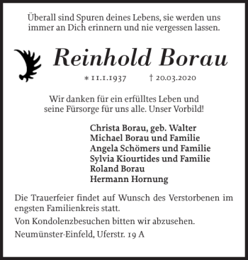 Traueranzeige von Reinhold Borau von Holsteinischer Courier