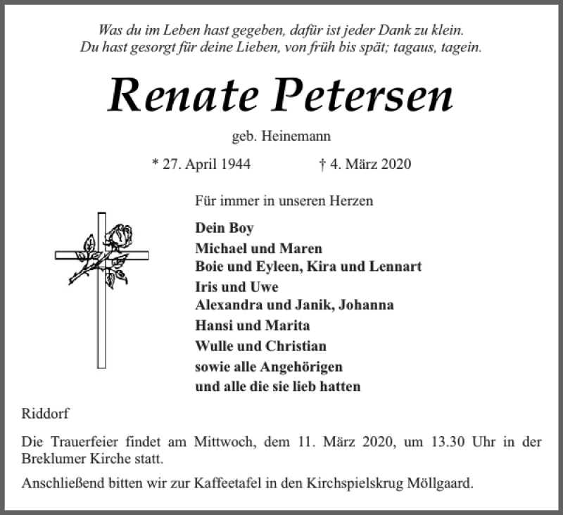  Traueranzeige für Renate Petersen vom 06.03.2020 aus Husumer Nachrichten