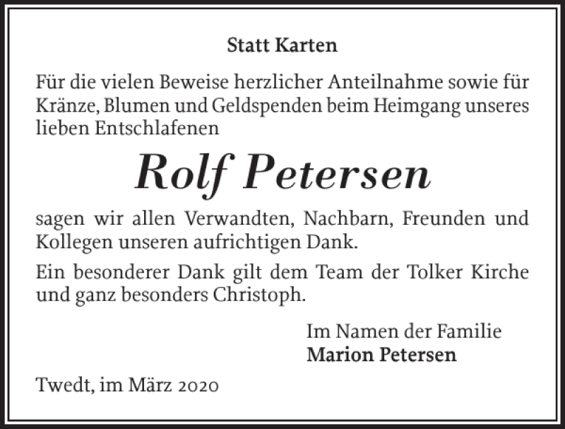  Traueranzeige für Rolf Petersen vom 14.03.2020 aus Flensburger Tageblatt