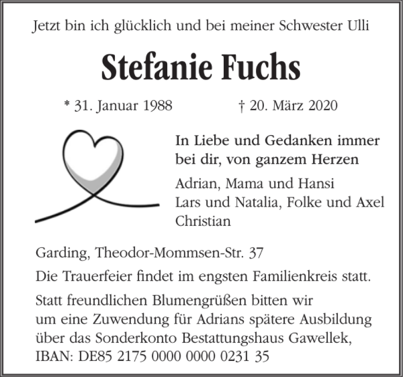  Traueranzeige für Stefanie Fuchs vom 28.03.2020 aus Husumer Nachrichten