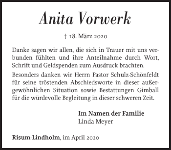 Traueranzeige von Anita Vorwerk von Nordfriesland Tageblatt