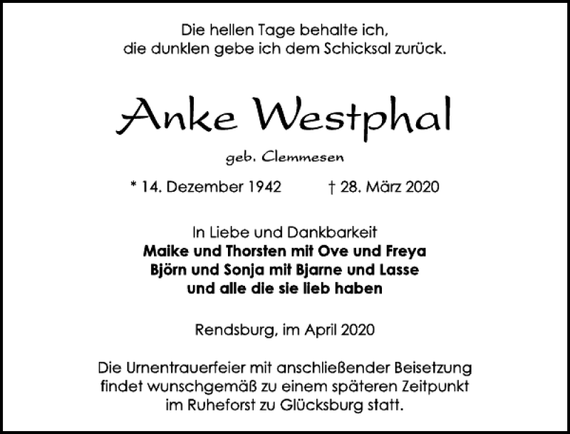  Traueranzeige für Anke Westphal vom 04.04.2020 aus Landeszeitung